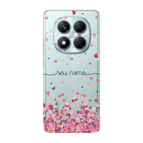 Capinha para Xiaomi RedMi Note 14 Pro 5G Anti Impacto Personalizada - Chuva de corações rosa com nome