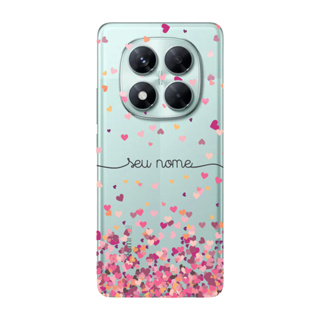 Capinha para Xiaomi RedMi Note 14 Pro 5G Anti Impacto Personalizada - Chuva de corações rosa com nome em Oferta na Shopee
