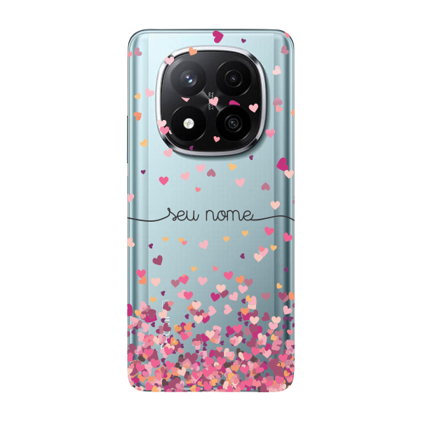 Capinha para Xiaomi RedMi Note 14 Pro Plus 5G Anti Impacto Personalizada - Chuva de corações rosa com nome