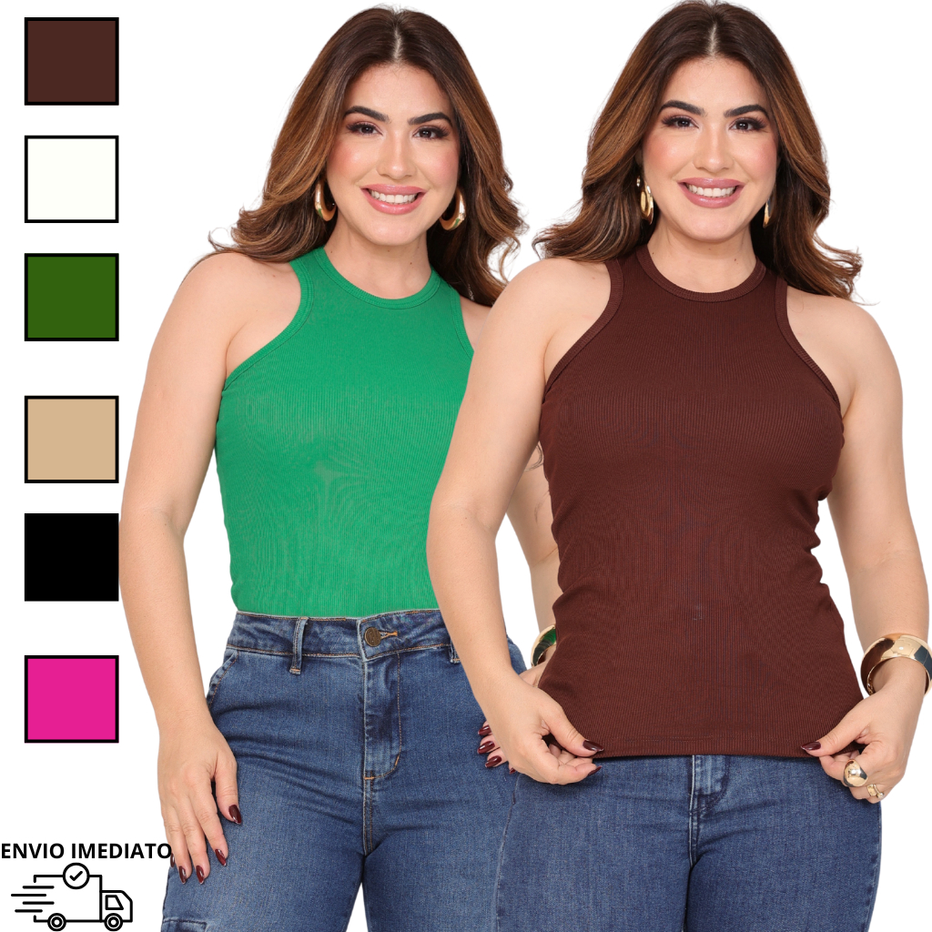KIT  2 Regata Canelada Feminina Nadador Blusa Roupa Feminina Ribana Premium Blogueira Moda Promoção