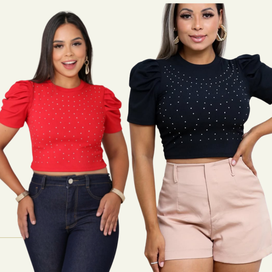blusa cropped feminino com manga bufante princesa com detalhes de brilhos na frente em Oferta na Shopee
