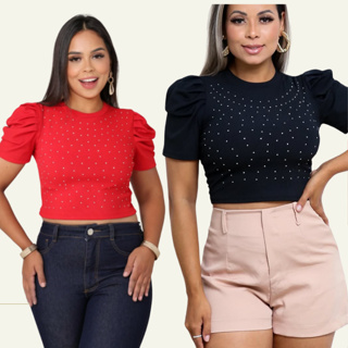 blusa cropped feminino com manga bufante princesa com detalhes de brilhos na frente em Oferta na Shopee