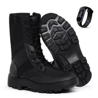 Bota Coturno Unisexx Militar Tática Couro Reforçado Impermeável Resistente Zíper Ajustável + Relogio