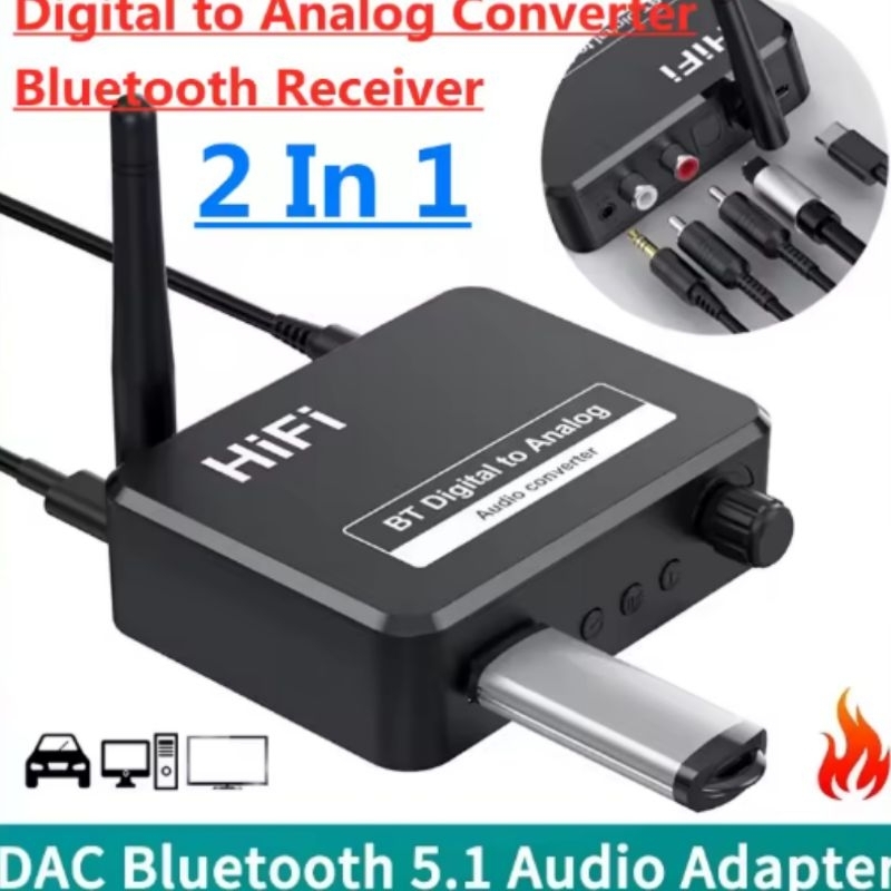 Receptor de áudio bluetooth 5.1 conversor 3.5mm, aux, RCA, disco u, estéreo Óptico, alta fidelidade, 2 em 1