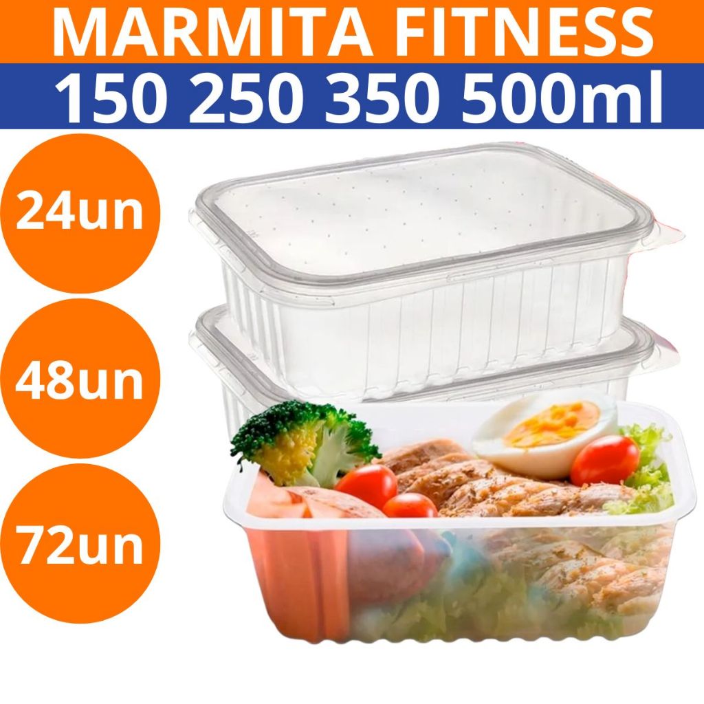 Pote Marmita Descartavel Embalagem Rentagular Plastico 150ml 250ml 350ml 500ml Comida Fitness em Oferta na Shopee