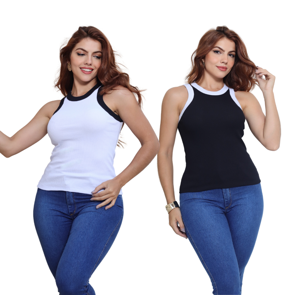 Kit 2 Regatas Feminina Bicolor em Ribana Canelada de Algodão – Blusinha Básica e Confortável Americana
