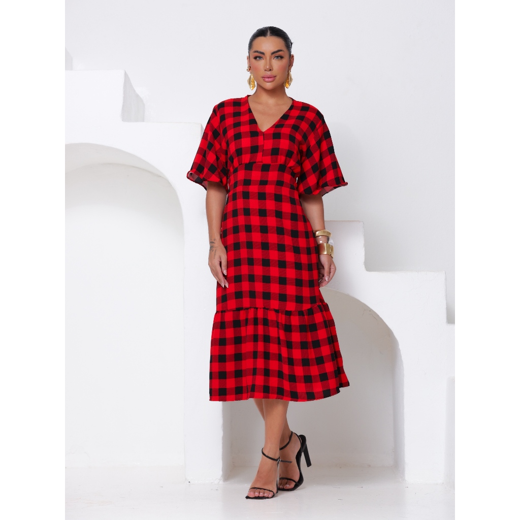 Vestido Midi Manga Curta Acinturado decote Xadrez