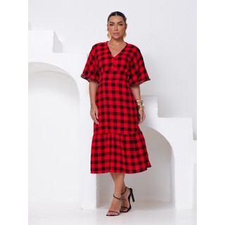 Vestido Midi Manga Curta Acinturado decote Xadrez