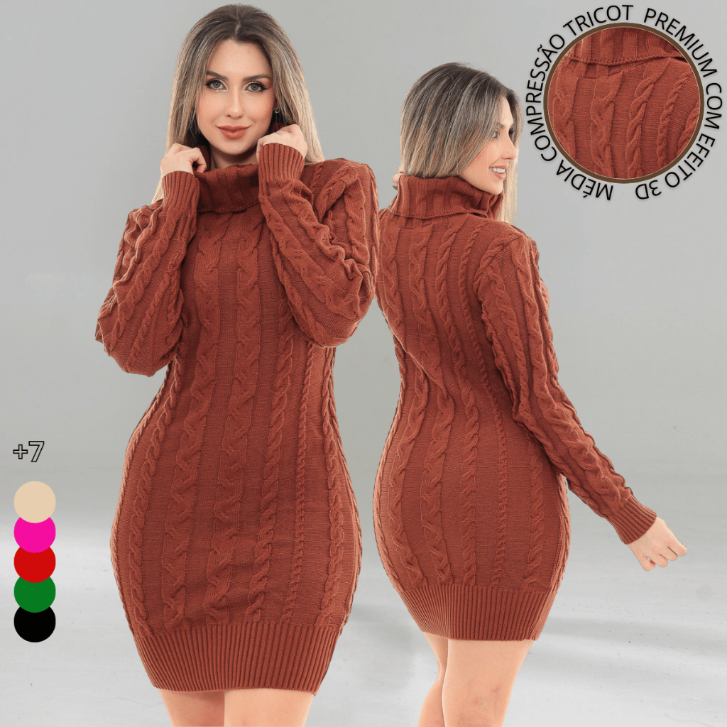Vestido Tricot  Minivest Gola Alta Lã Premium Fio Trabalhado Super Quente - Alto Inverno