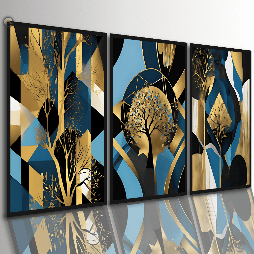 Quadros Decorativos Abstrato Geométrico Árvore Dourada Moderno 3 Pçs Sala Quarto