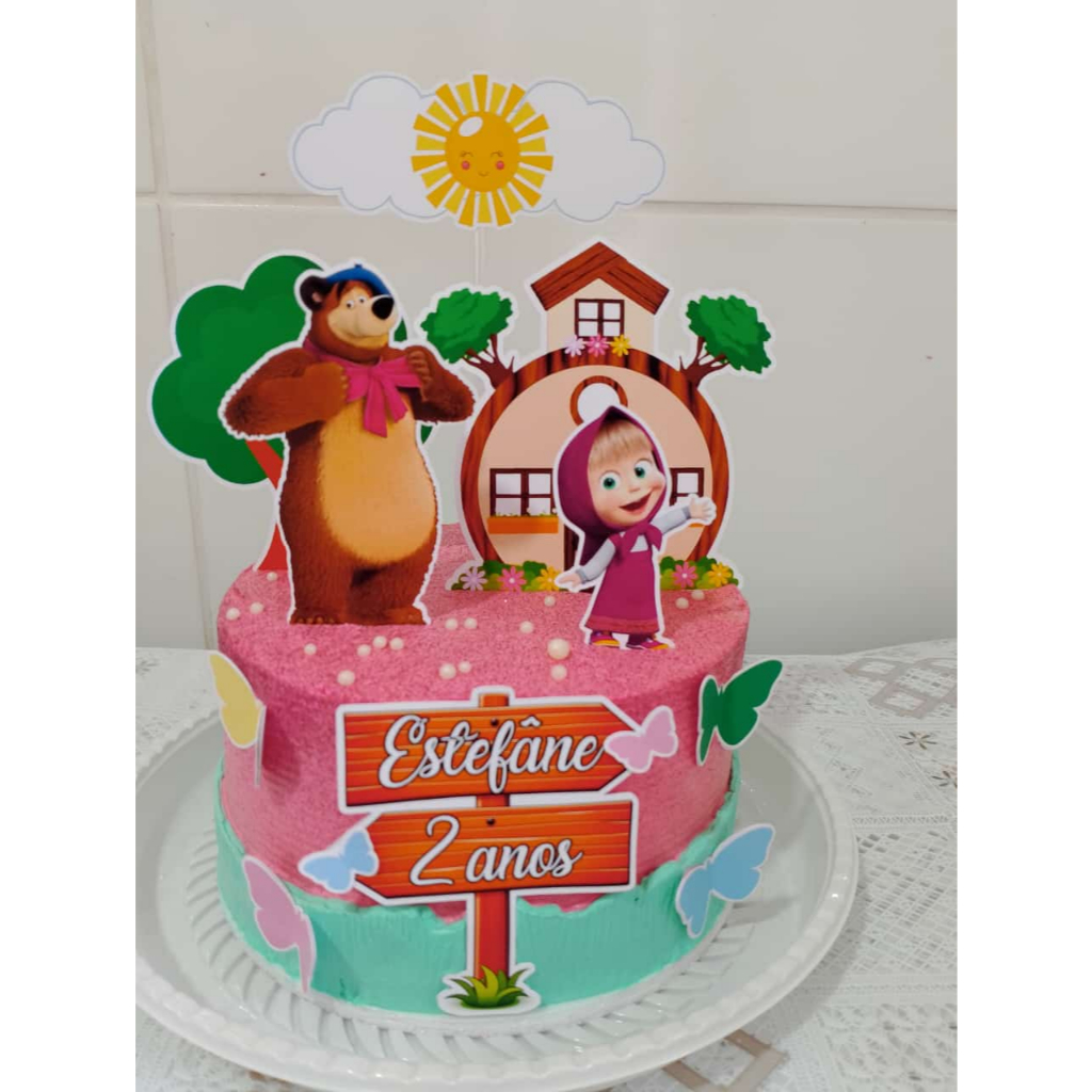 Topo de Bolo Personalizado com Nome e Idade tema Masha e o Urso-Topo de bolo personalizado para festa