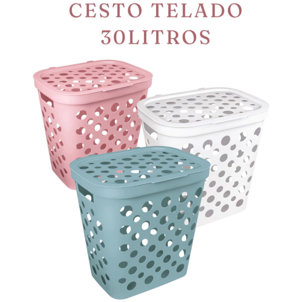 Cesto Telado 30 Litros com Tampa e Alça Cesto de Roupa Suja Banheiro Lavanderia - Usual Utilidades em Oferta na Shopee