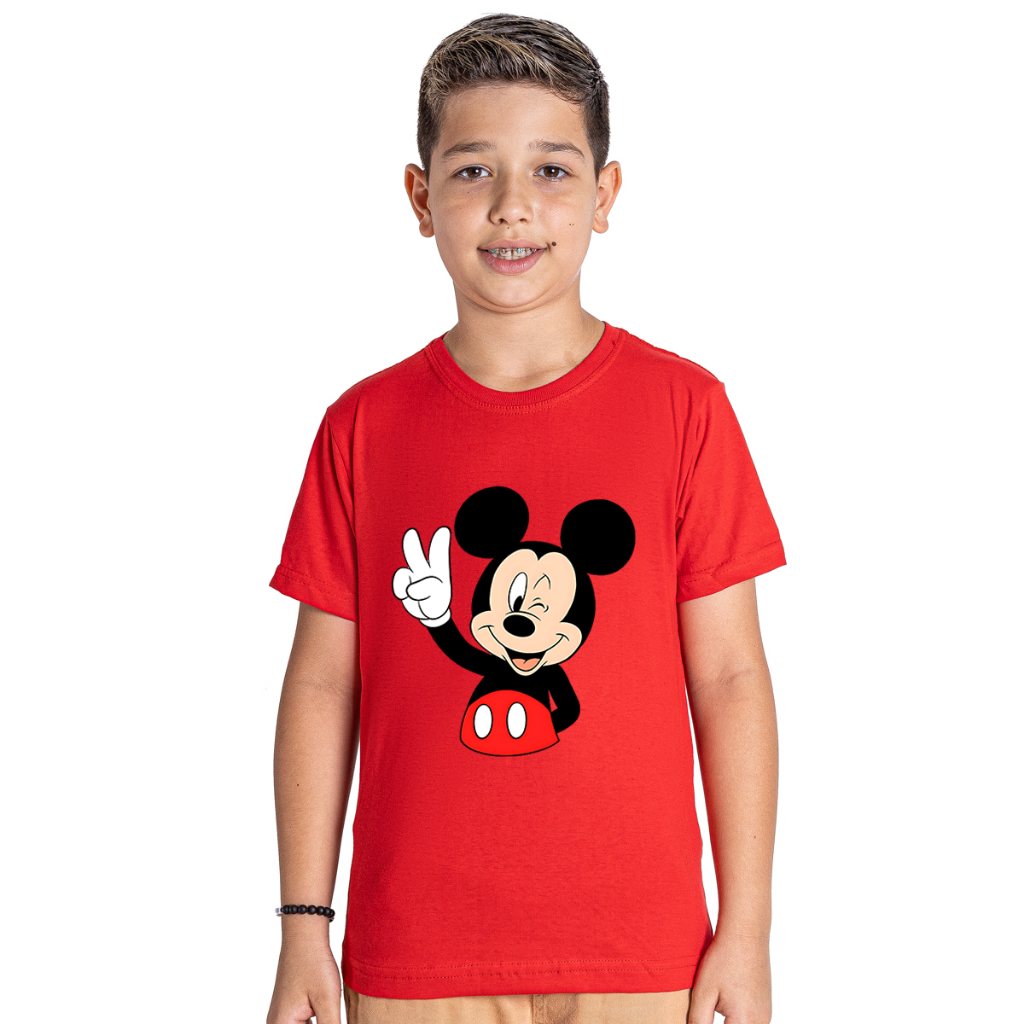 Camiseta Básica Infantil Mickey Mouse Desenho Animado Filme Blusa Leve Casual Passeio Aniversário