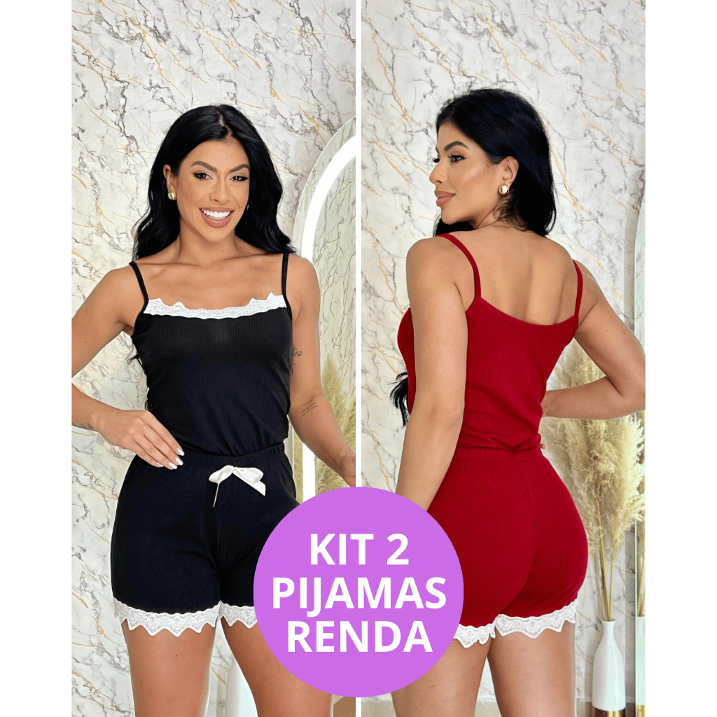 Kit 2 Baby Doll Alcinha Pijama Feminino Com Renda Fresquinho Malha Short Confortável Curto...