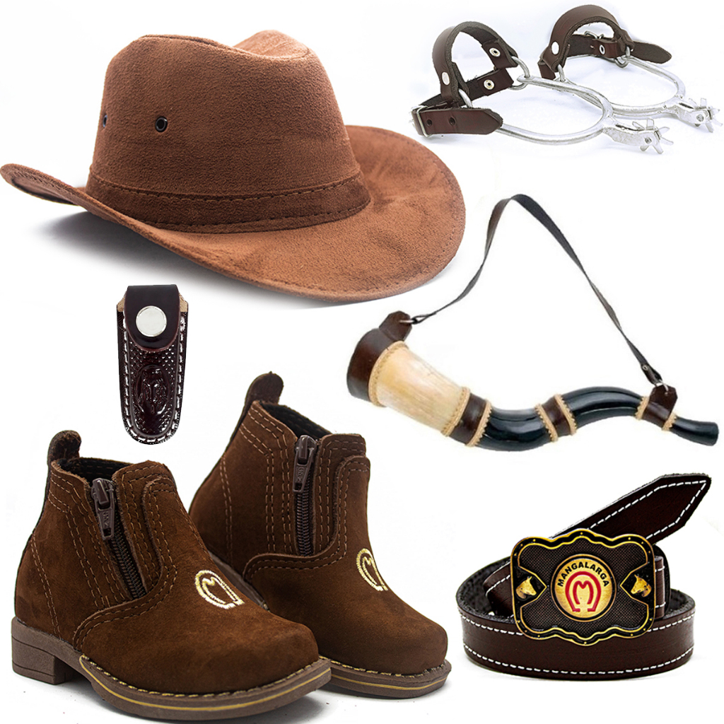 Kit Infantil Botina Mangalarga Chapéu Camurça Berrante Cinto Couro Espora Bainha