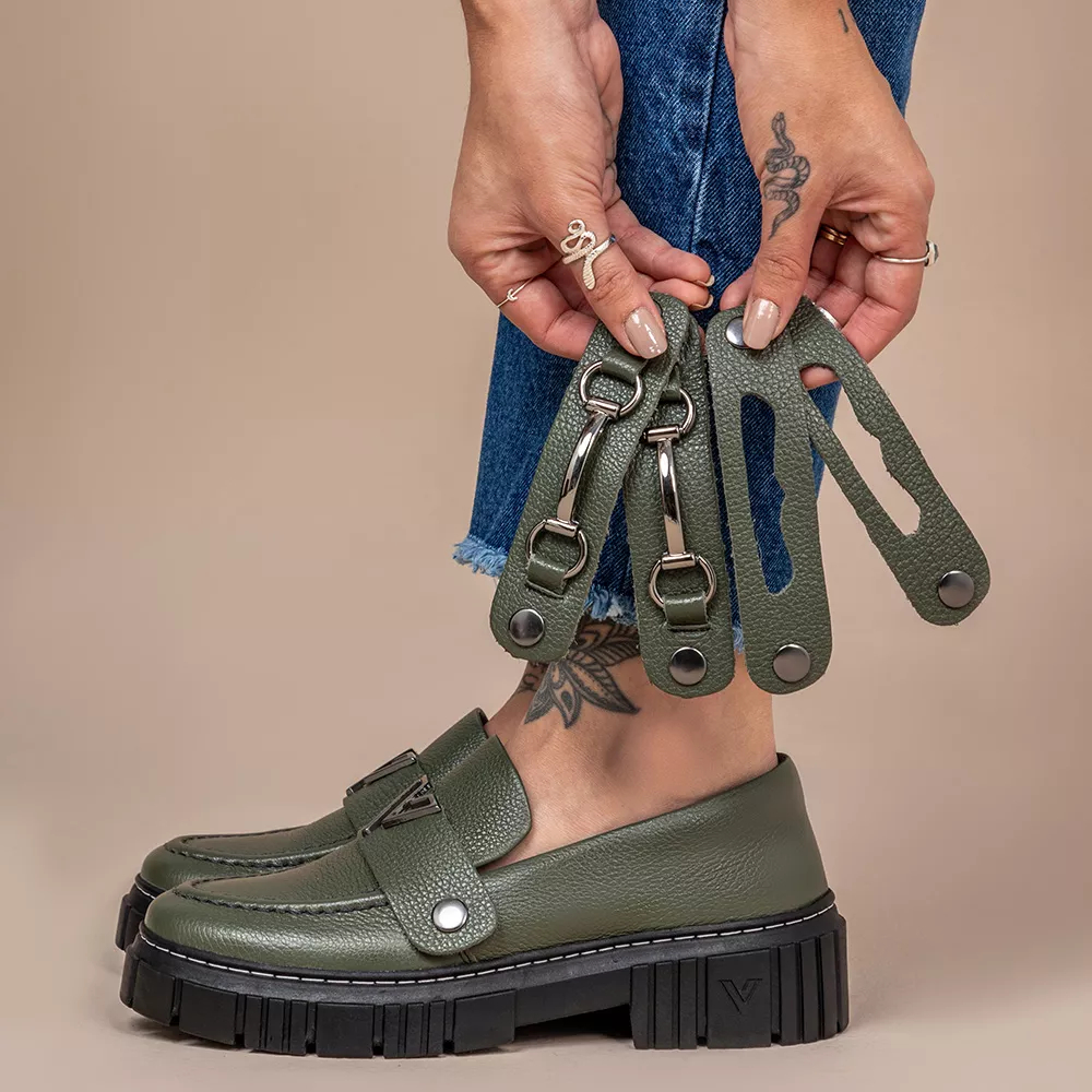 Kit Mocassim Feminino Couro Legítimo Vittal  + 3 Fivelas Removíveis Verde Militar Confortável em Oferta na Shopee