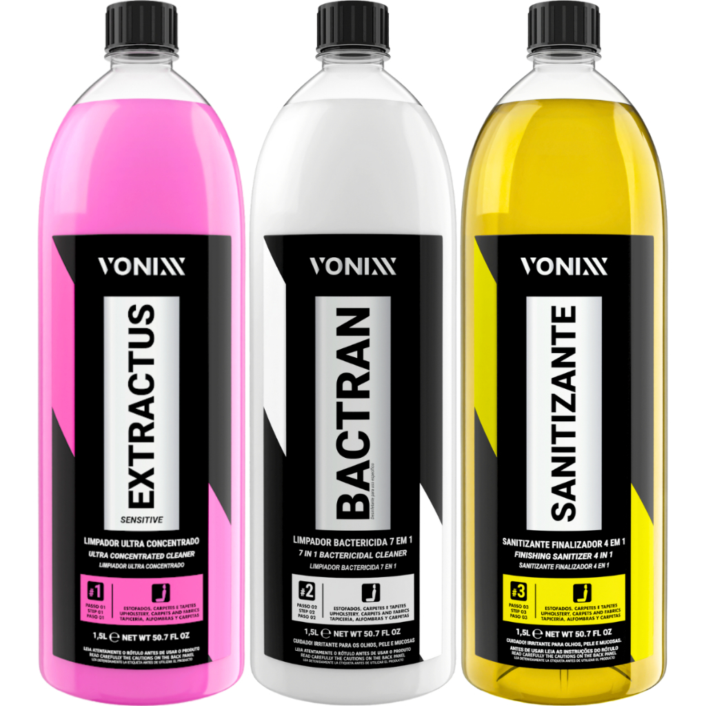 Kit VSC Vonixx Limpeza Veicular de Estofados e Carpetes 1,5L Extractus Sensitive Bactran Sanitizante