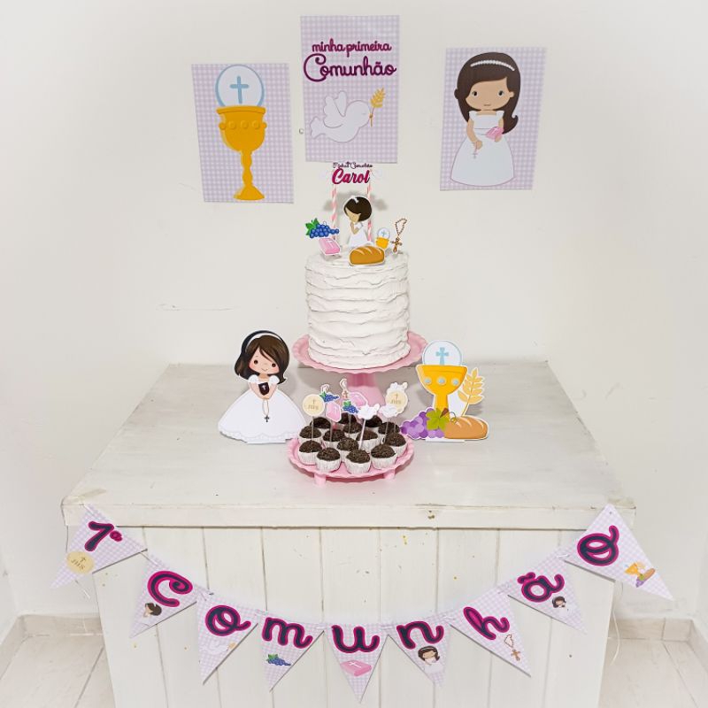 Kit Festa primeira comunhão menina Personalizado Só Um Bolinho Festa em Casa Aniversário Infantil adulto Mesversário