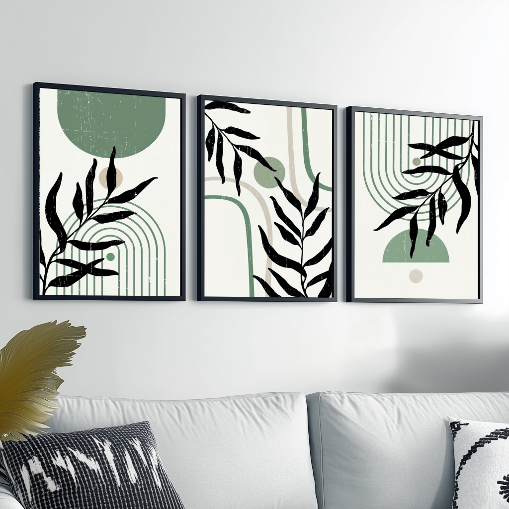 Conjunto 3 Quadros Abstrato Boho Moldura 50x70 Minimalista Sala Grande Quarto
