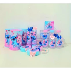 kit com 50 lembrancinha do Stitch e Angel, tubete, caixinha, garrafinha, latinha