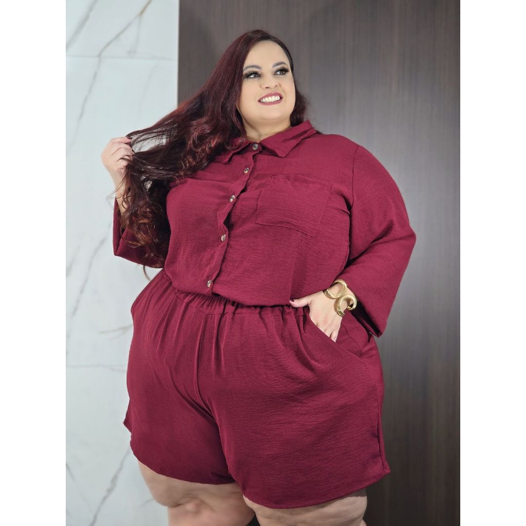 Conjunto Plus Size Feminino Camisa Manga Longa e Short Social 56 ao 60 em Oferta na Shopee