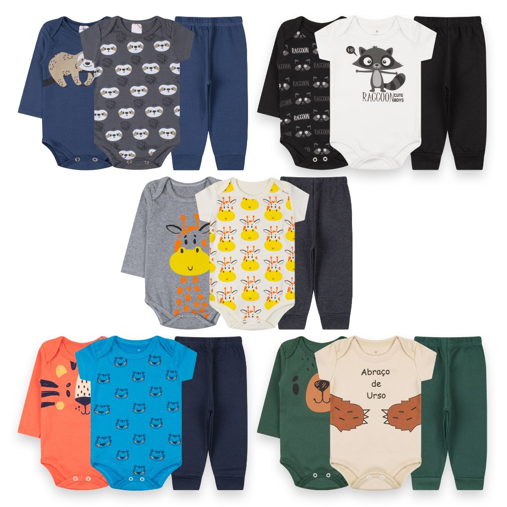 kit 9 peças body bebê manga curta longa calça mijão menino P ao GG Algodão