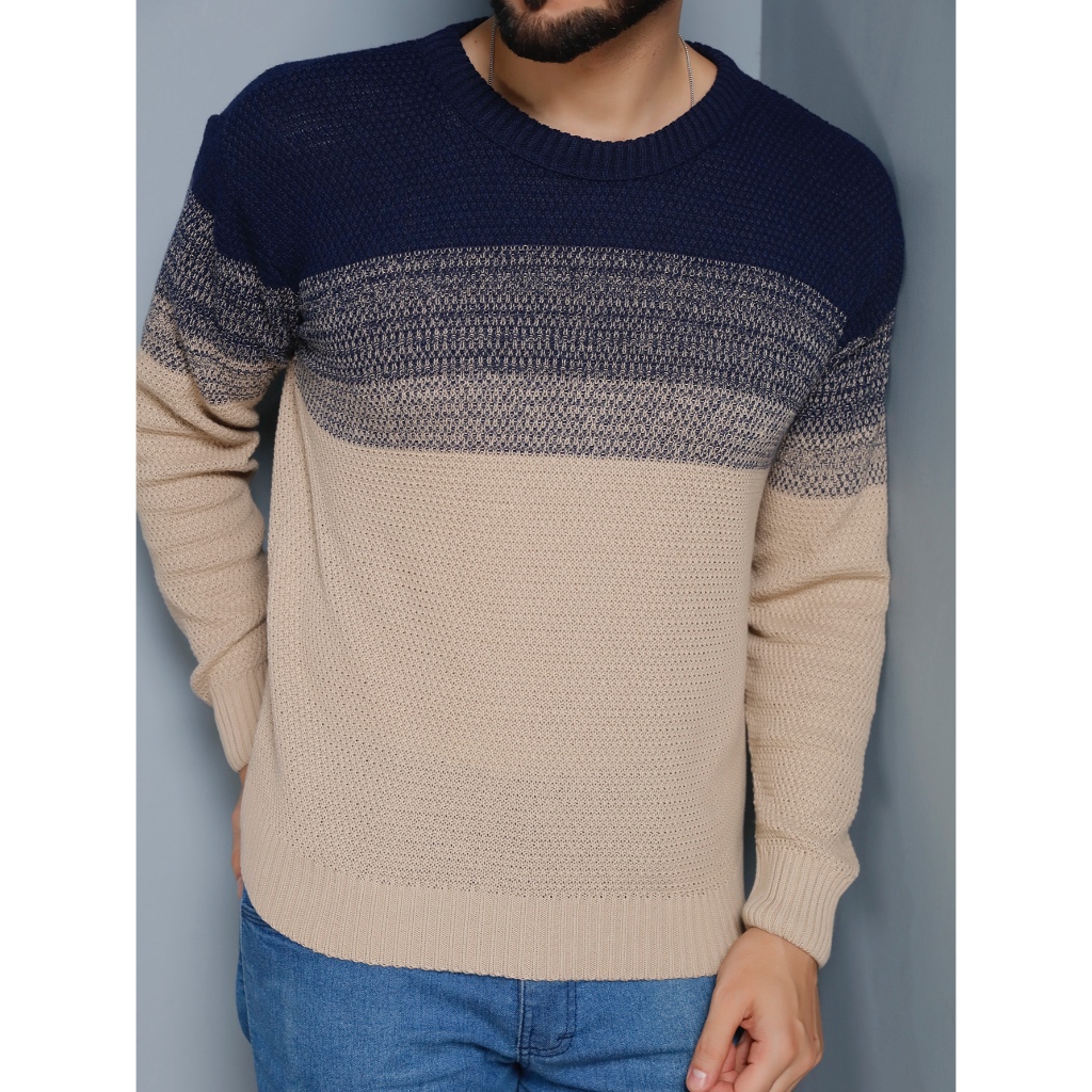 Suéter de Tricô Color Block Estiloso para Homens - Pulôver Casual com Gola Redonda, Lavável à Máquina