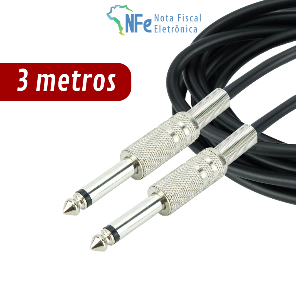 Imagem Cabo P10 Mono 3 Metros Violão Baixo Teclado Bateria Caixa de Som Ampliicador Monitor de Audio