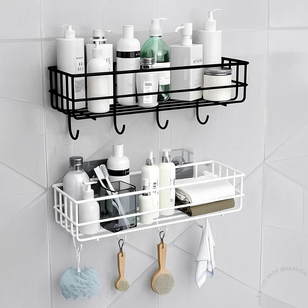Kit Prateleira Organizador Adesivo Com Gancho Preto De Parede Porta Shampoo Sabonete Banhe...