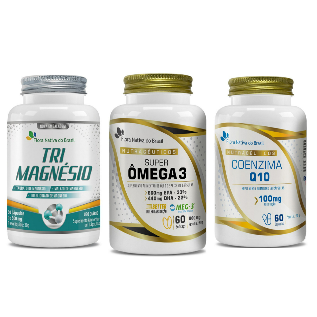 Kit de Suplementos Alimentares Ômega 3 + Coenzima Q10 + Tri Magnésio (60 cápsulas) - Flora Nativa