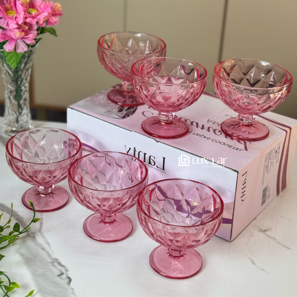 Jogo 6 Taças de Vidro Rosa Tigela Bowl 310ml Sobremesa Sorvete Petisqueira Luxo