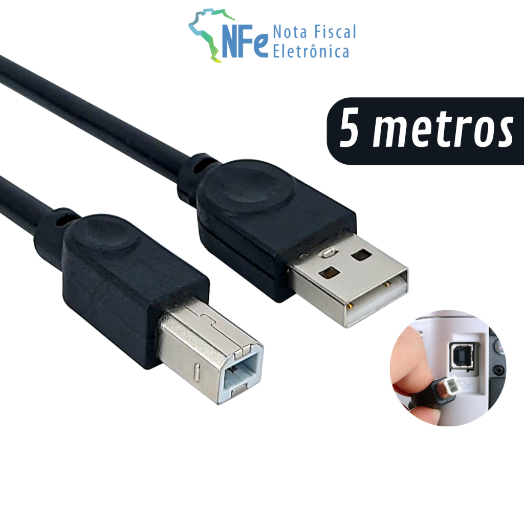 Cabo USB Tipo B com 5 Metros para Impressora Scanner Multifuncional Teclado Piano Bateria Eletrônica