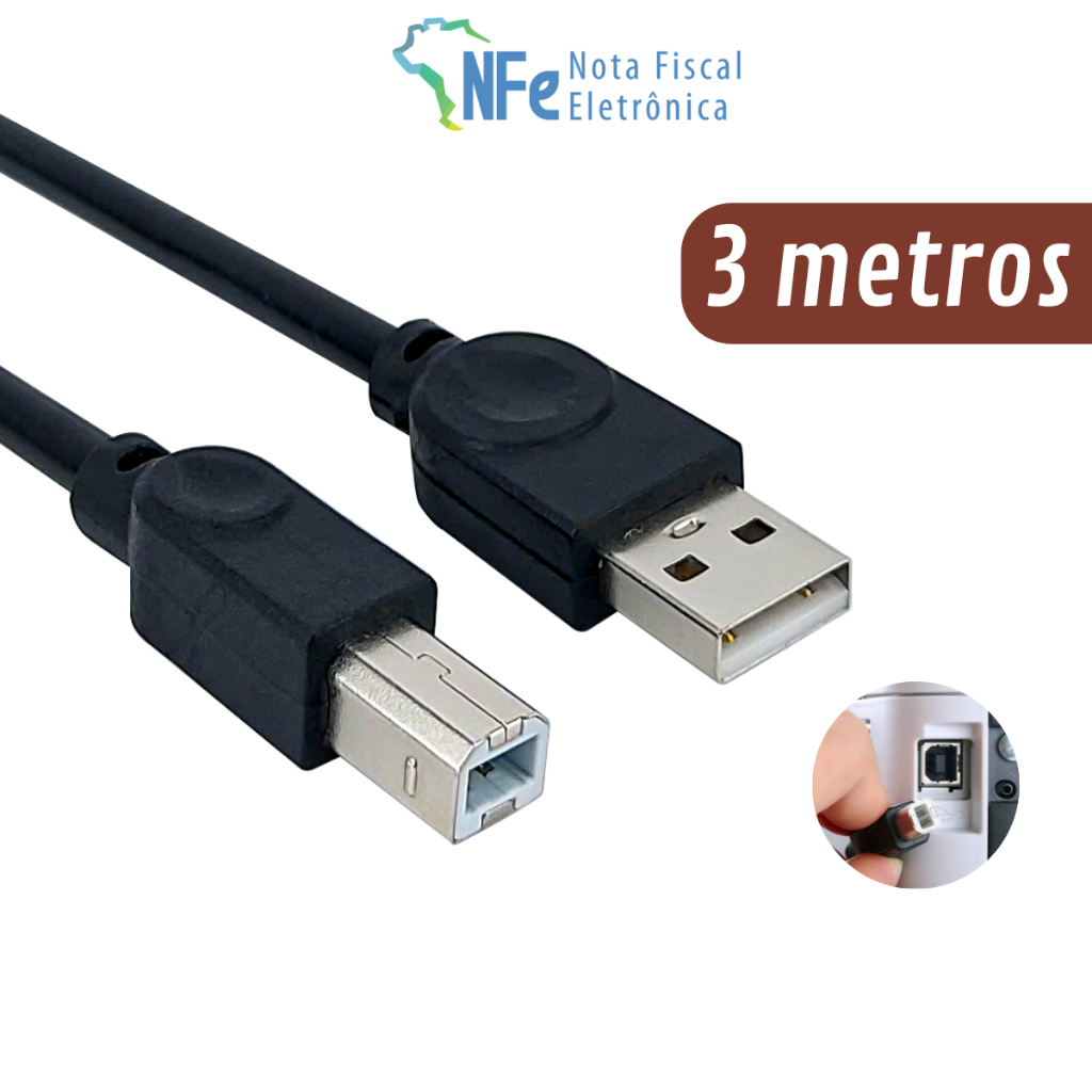 Cabo USB Tipo B com 3 metros para Impressora Scanner Multifuncional Bateria Eletrônica Teclado Piano