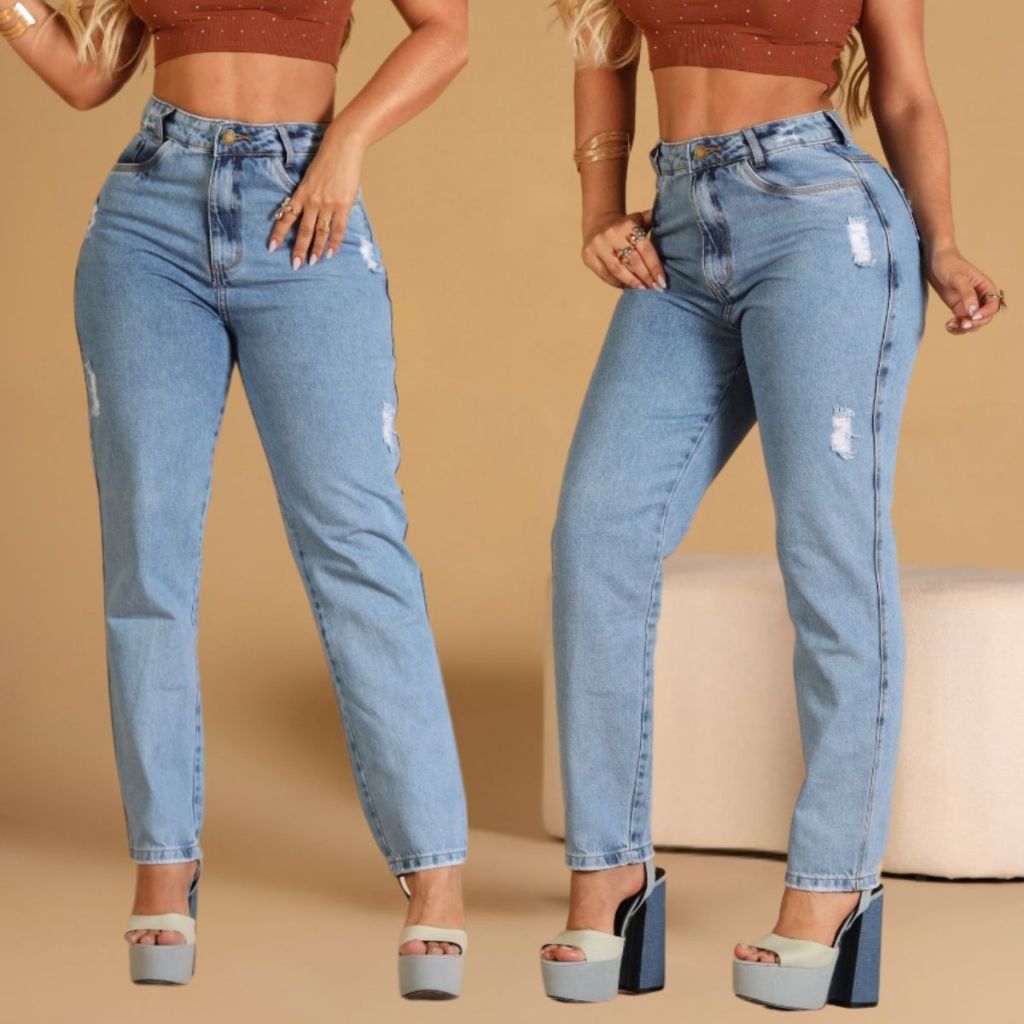 Calça Jeans Mom Feminina Cintura Alta Sem Lycra Clara Lisa 100% Algodão Envio Imediato Soltinho