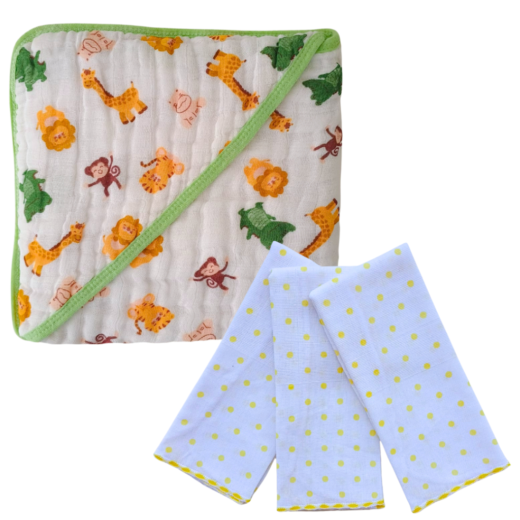 Kit Toalha Banho Bebe Soft Capuz de Fralda + 3 Paninho Babete boca 100% Algodão Enxoval Maternidade