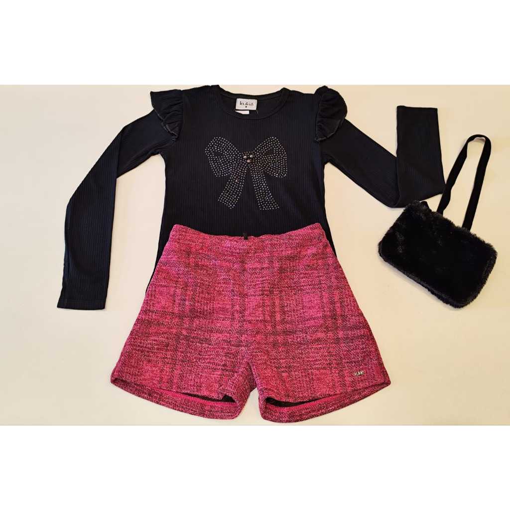 CONJUNTO INFANTIL MENINA KUKIÊ | BLUSA RIBANA MANGA LONGA E SHORTS TWEED E BOLSA NO VELUDO | MEIA ESTAÇÃO | TAMANHO: 8