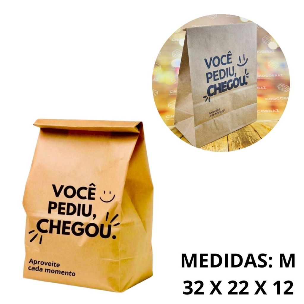 50~200 SACO DELIVERY KRAFT VOCÊ PEDIU CHEGOU TAM M - REFORÇADO (32 X 22 X 12)(CHOCO)