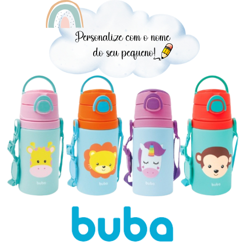 Garrafa Garrafinha De Água Infantil De Alumínio  C/ Alça e Canudo De Água 400ml Buba Baby