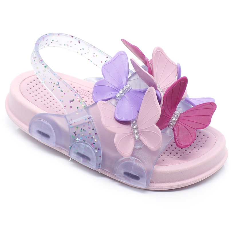 Sandália Infantil Plugt Menina Confortável Transparente Glitter Borboletas Rosa Pink Lilás