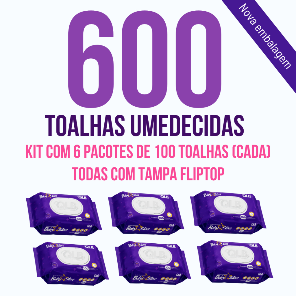 Caixa com 6 Lenços/Toalhas Umedecidas Baby Star Roxa com 100 Unidades Cada – Tampa FlipTop
