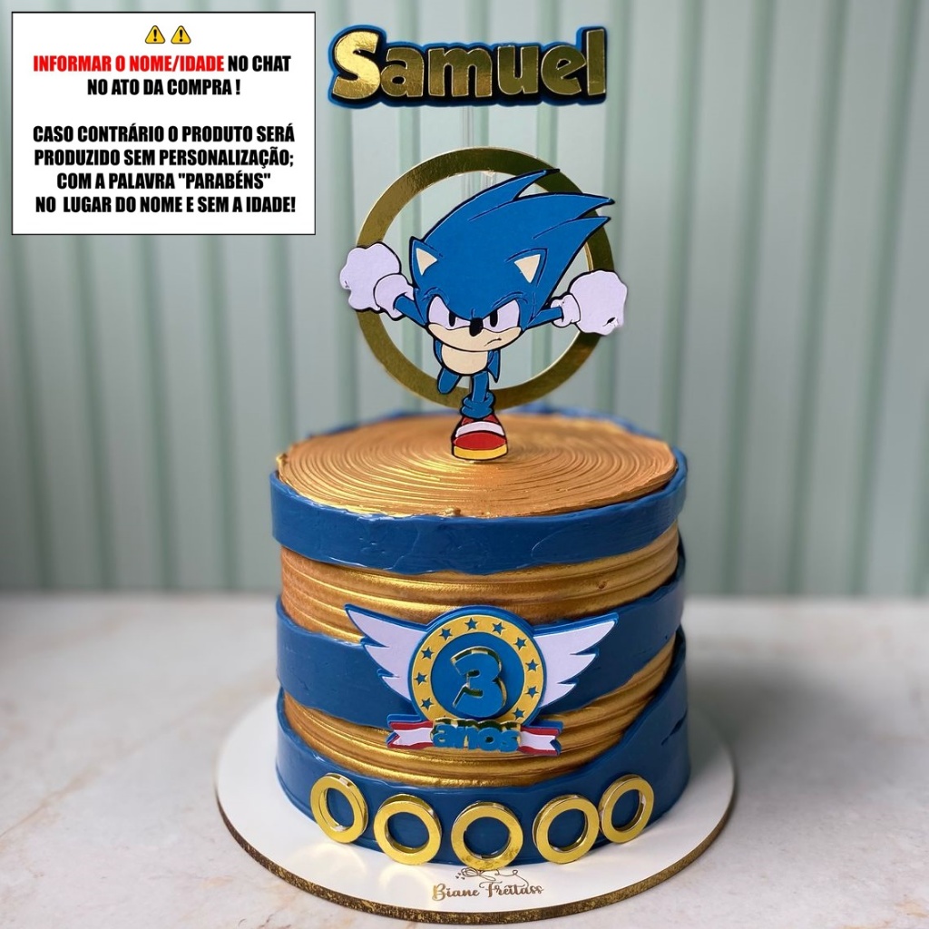 Topo de Bolo - Topper de Bolo Personalizado Aniversário Mesversario em Camadas Aniversário Mesversario Sonic