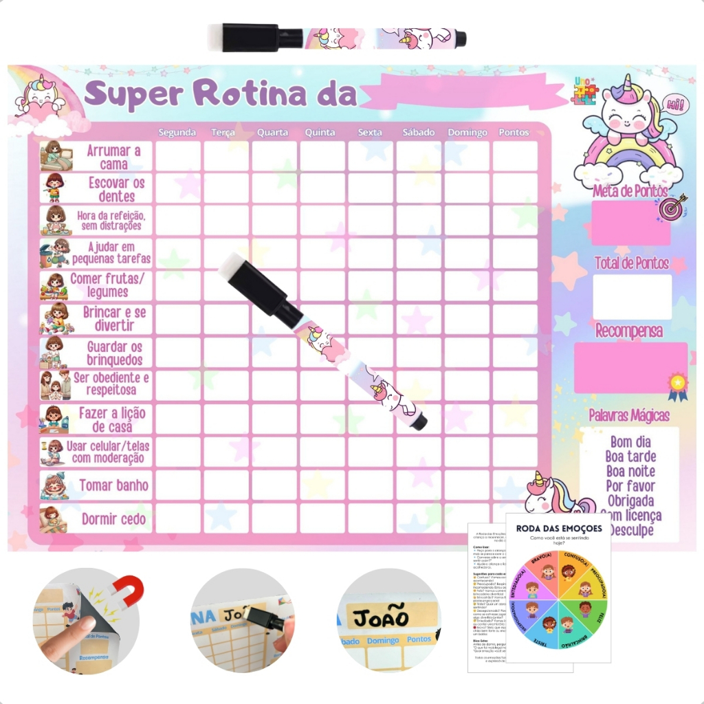 Quadro Incentivo emoções Magnético unicórnio presente menina Infantil Semanal Rotina 29cm Caneta