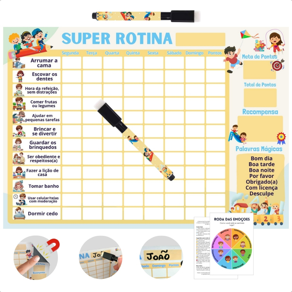 Quadro de Incentivo Infantil Magnético Tarefas Diárias com Ímã para Geladeira Rotina Educativa 30x21cm