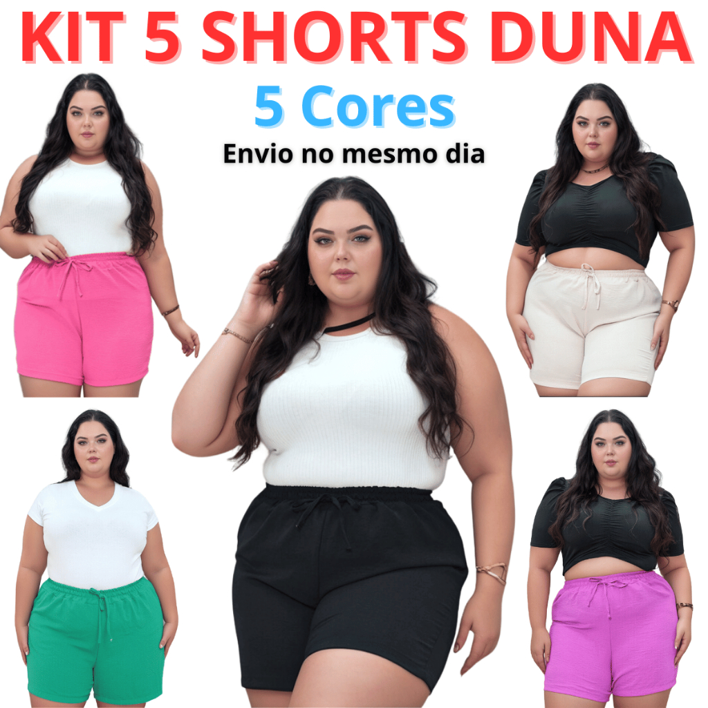 Kit 5 Shorts Bermuda Feminino Soltinho Duna Leve Passeio Praia Piscina Plus Size GG G1 G2 G3 G4 Shor