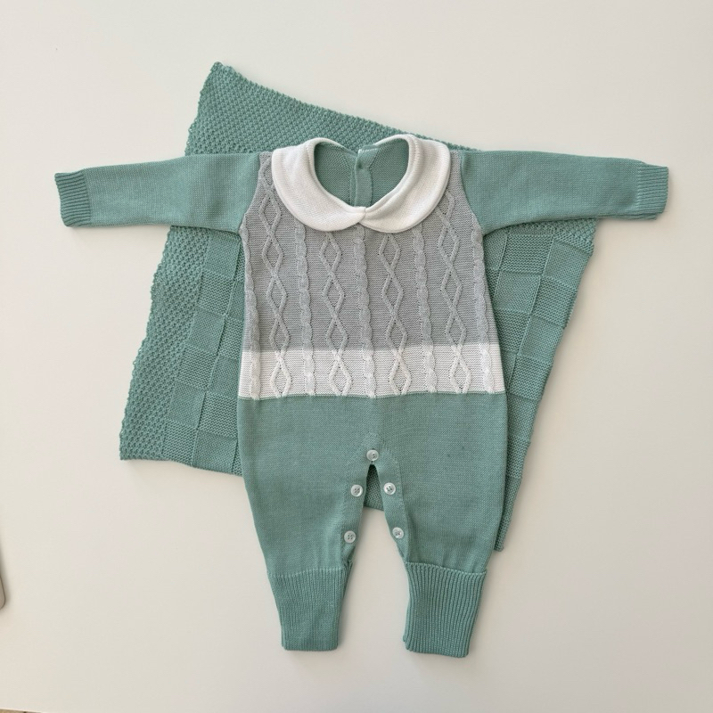 Kit Saída Maternidade Tricô Manta+Macacão P/ Bebê Menina e Menino