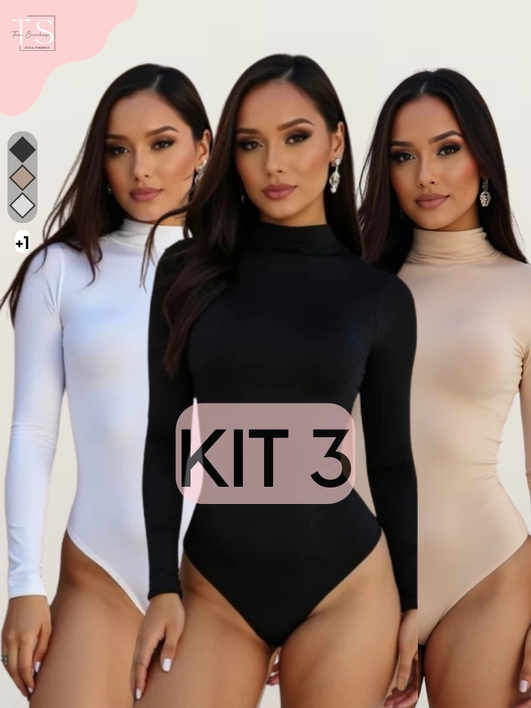 KIT 3 Body Feminino Suplex manga longa gola alta CACHARREL SEGUNDA PELE