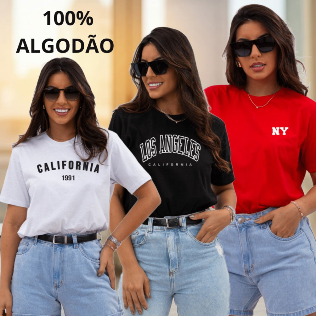 Kit 3 Camisetas Feminina Estampada T-Shirt  Algodão 100% Confortável Academia Cores Sortidas