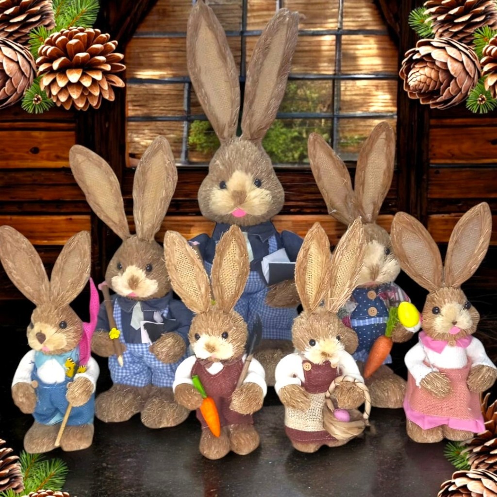 kit 2 coelhos mágicos decoração páscoa enfeite de palha casal 35 cm