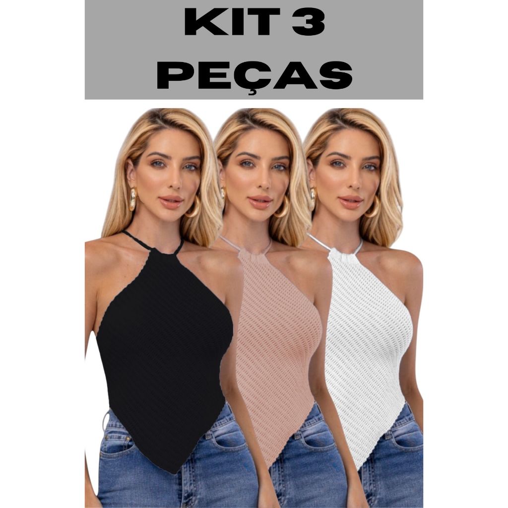 Kit 3 Top Cropped Lenço Feminino Tricot Modal Feminino Casual Tendencia