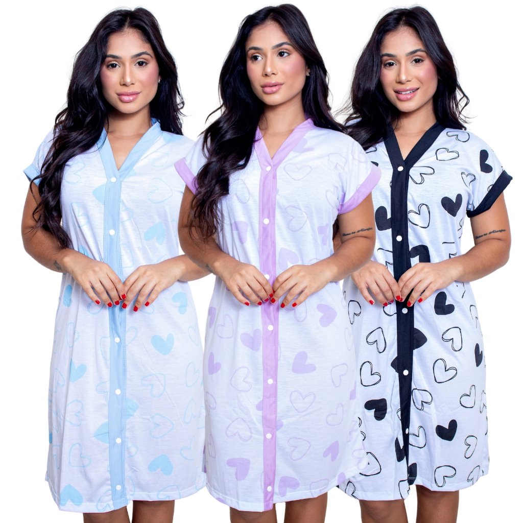 Kit Com 3 Camisola Amamentação Em Malha Pós Cirurgica Com Botões Abre Fácil